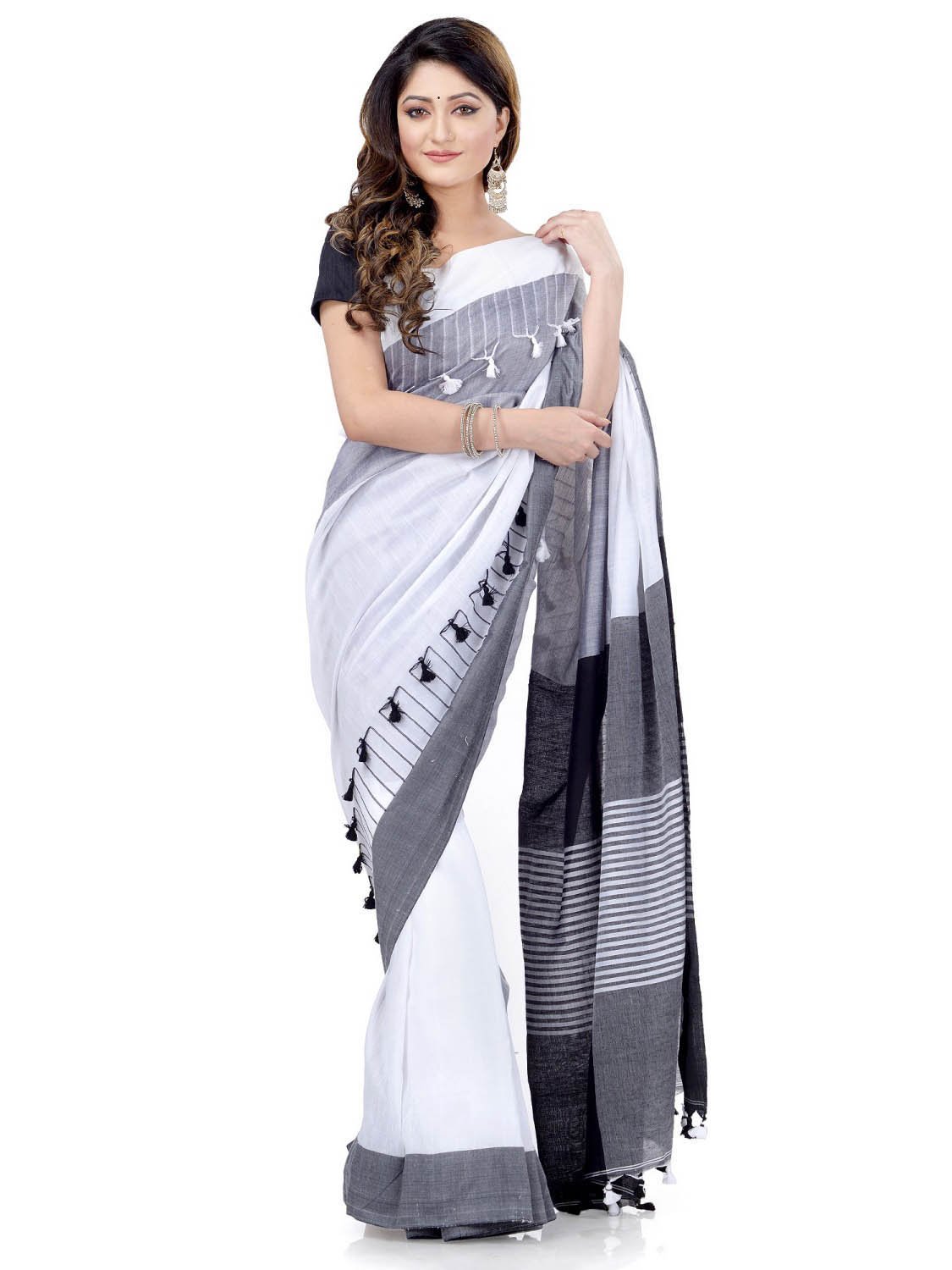 Women`s Traditional Bengali Handloom Tant Pure Cotton Saree Pompom Desigined With Blouse Piece (Deep Black Grey White)